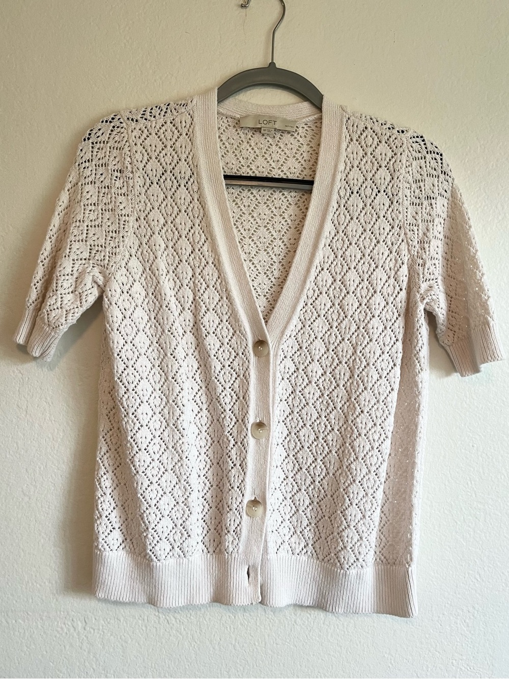 LOFT Cream Short-Sleeve Eyelet Cardigan, Medium Petite